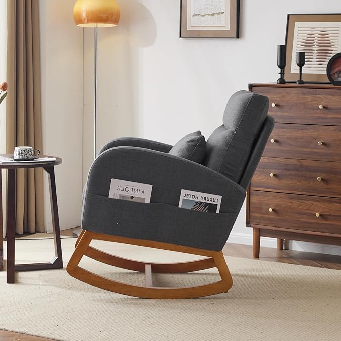VINGLI Grey Linen Nursery Rocking Chair