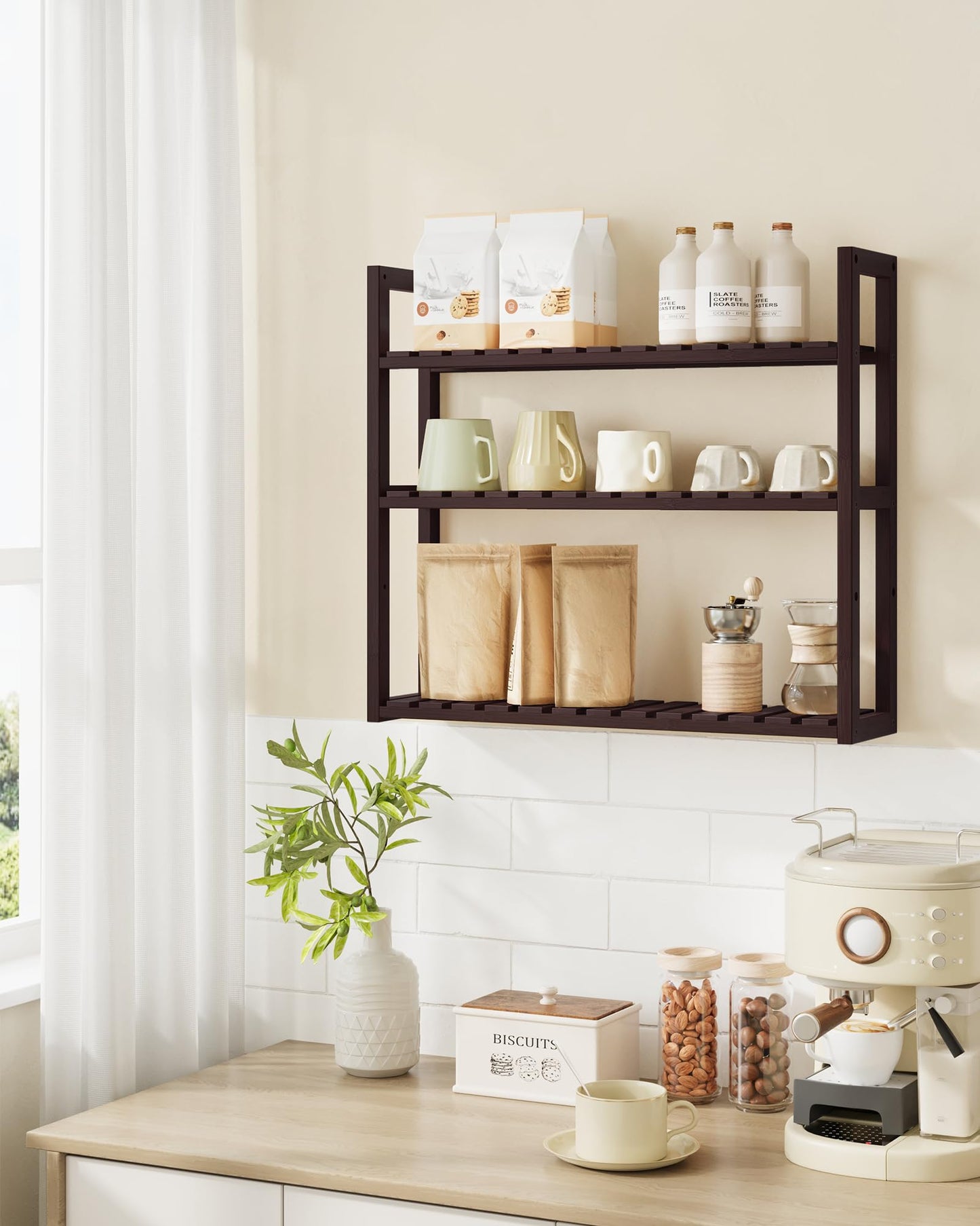 SONGMICS Bamboo Bathroom Shelf, 3-Tier Adjustable Plants Rack, Wall-Mounted or Stand, in The Living Room, Balcony, Kitchen, 5.9 x 23.6 x 21.3 Inches, Brown