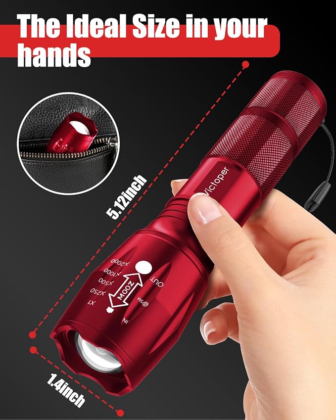 Victoper LED Flashlight 2 Pack Red, Bright Tactical Torch High Lumens 5 Modes, Waterproof Zoomable Flash Light for Outdoor, Birthday Gifts for Men, Dorm Room Hiking Camping Essentials Gear for Guys