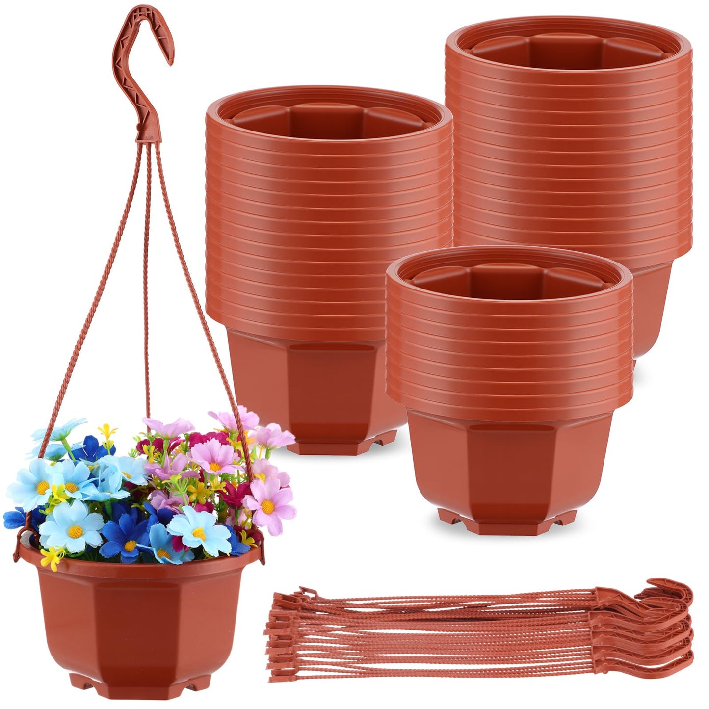 Roshtia 24 Pcs Hanging Plastic Planter Pot with Hook Flower Pots Baskets Hanging Nursery Planter Holder for Outdoor Indoor Plant Garden(Brown,6 Inch)