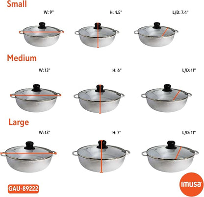IMUSA Caldero Stock Pot with Glass Lid 3pc Set, 1.5/2.5/5.2qt, Cast Aluminum, Perfect for Serving Medium & Small Groups, Riveted Handles, Made in Colombia, Silver.