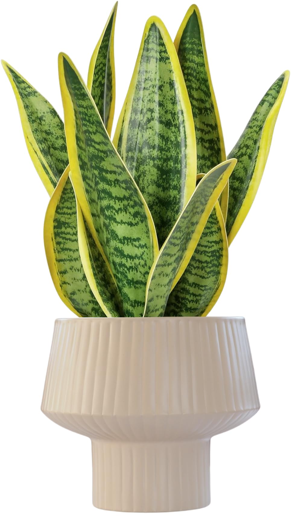 Wide Top Modern Handmade Metal Indoor Planter with Unique Shape, Vertical Grooved Design and Anti-Scratch Pads, Rust-Resistant Finish that is Sustainable Non-Plastic Pot Recyclable Metal Vase (White)