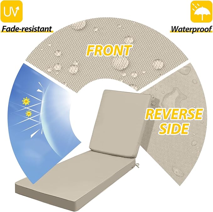 AAAAAcessories Outdoor Chaise Lounge Cushions, Fade-Resistant, Waterproof Patio