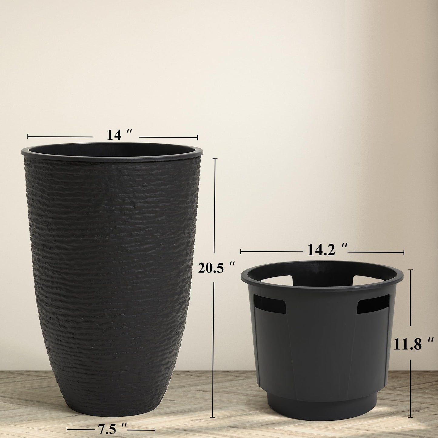 Worth Garden 2-Pack 21" H. Black Tall Planters with Inside Pots - 14'' Dia Plastic Large Round Plant Tree Pots - Decorative Imitation Stone Finish for Indoor Outdoor Front Porch Container Patio