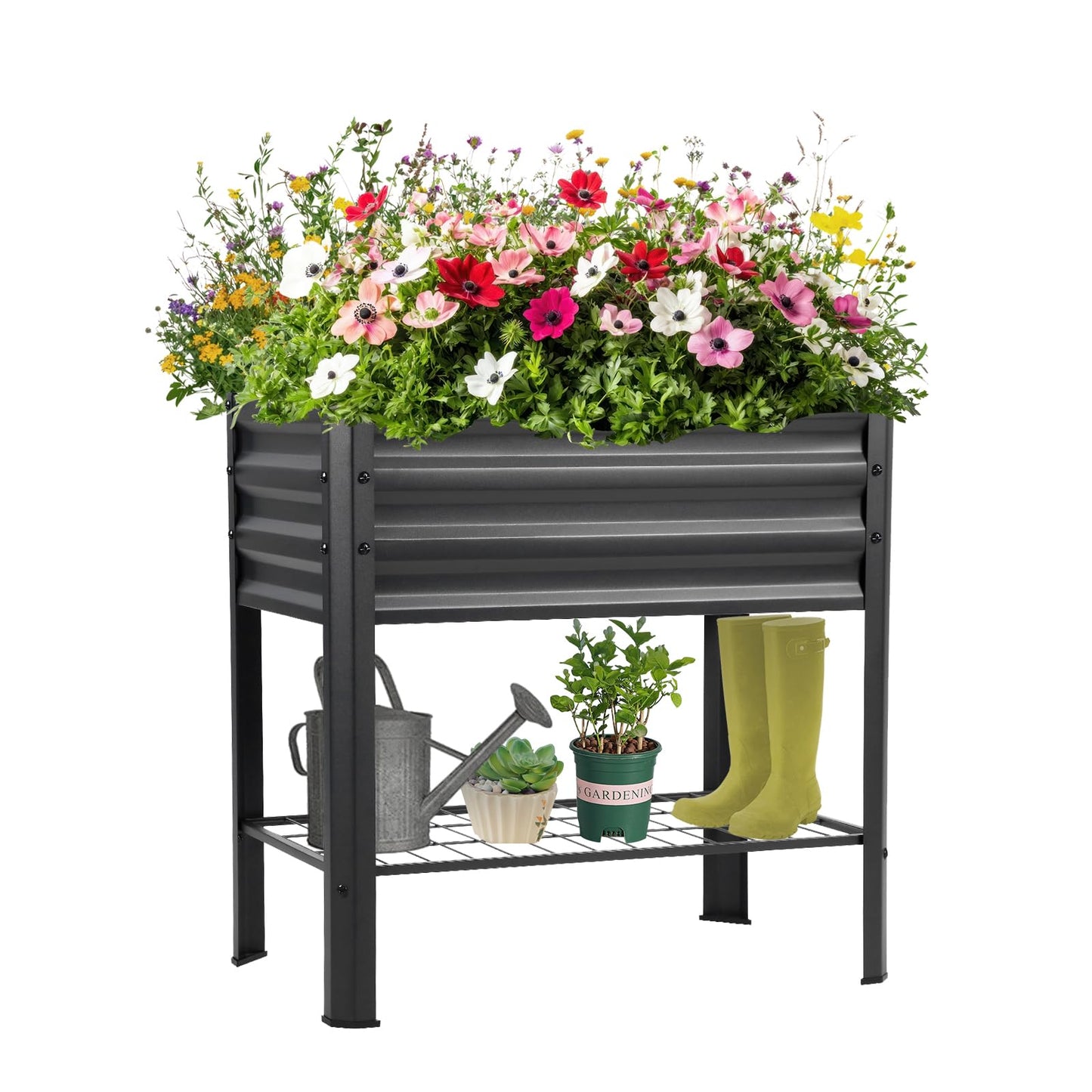 Veezyo Raised Garden Bed with Legs and Shelf, 2pcs 32"x20"x31.5" Powder Coated Elevated Metal Planter with Legs for Outdoor Vegetables, Standing Raised Beds for Balcony, Patio, Lawn and Backyard