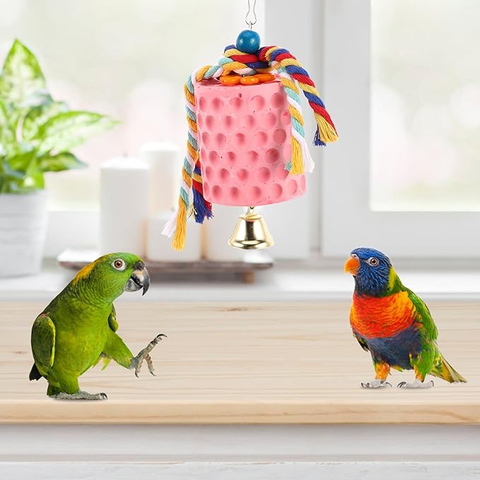 Luxshiny Mineral Block Bird Chewing with Bell for Parrots and Parakeets Beak Grinding Stone Cage Accessory for African Grey Cockatiels Interactive Chew for Boredom Relief and Play