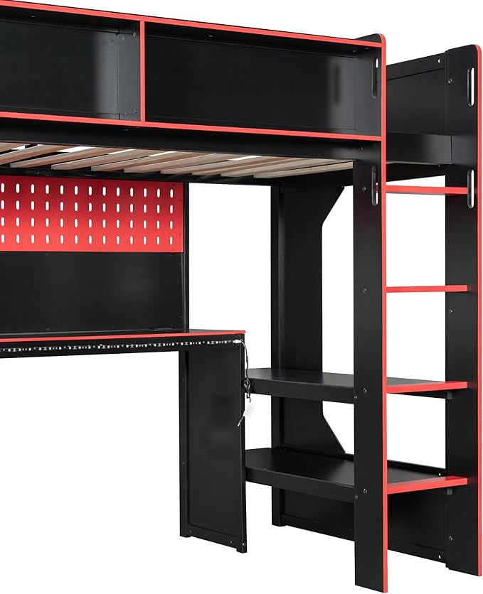 Modern Gaming Loft Bed with Built-in Desk, LED Lighting & Charging Hub –Twin