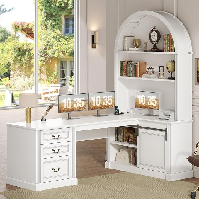 SEDETA 67" L Shaped Desk with Tall Arched Bookshelf, Mid-Century Office