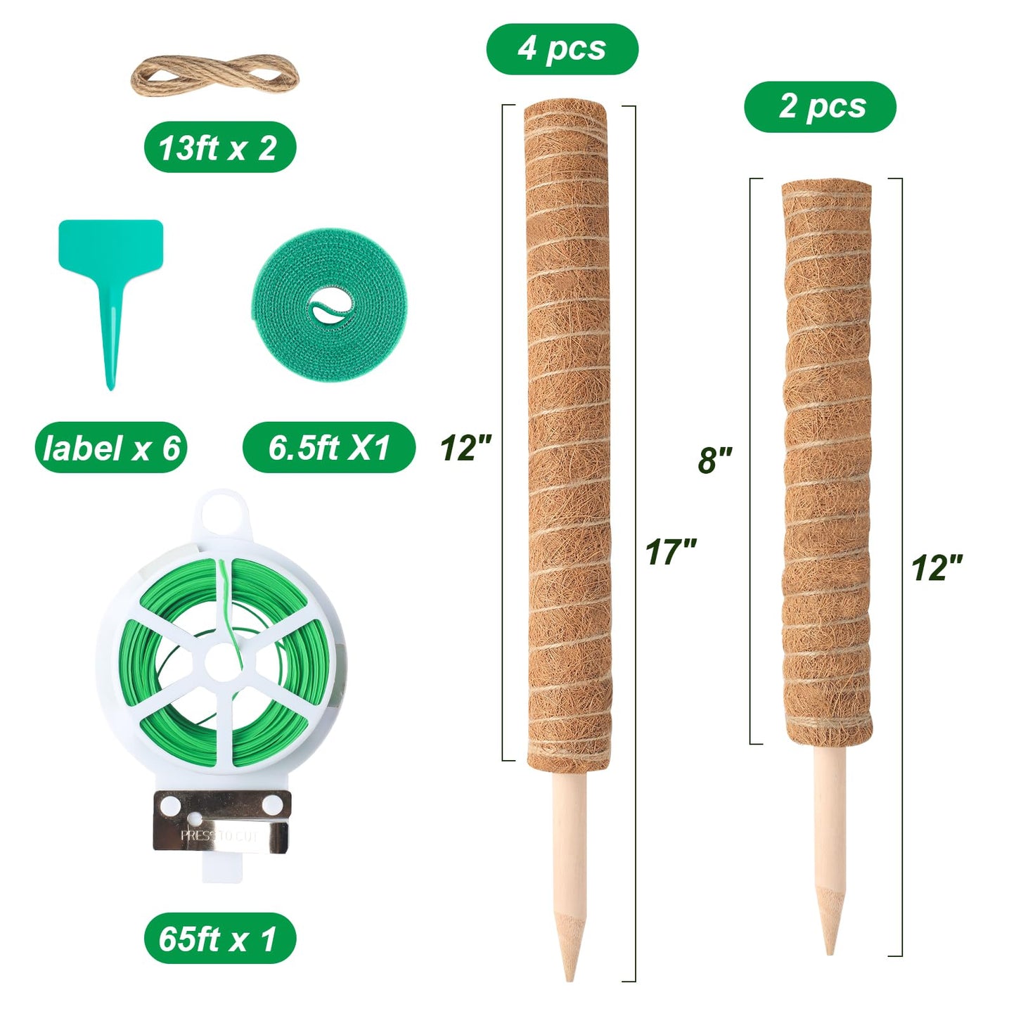 6 Pack Moss Poles for Monstera Plant Support (4x17in + 2x12in, 92in Total) – Stackable Moss Pole for Plants,Ideal Plant Stakes for Indoor Plants, Pothos, and Philodendron Support，with Garden Ties