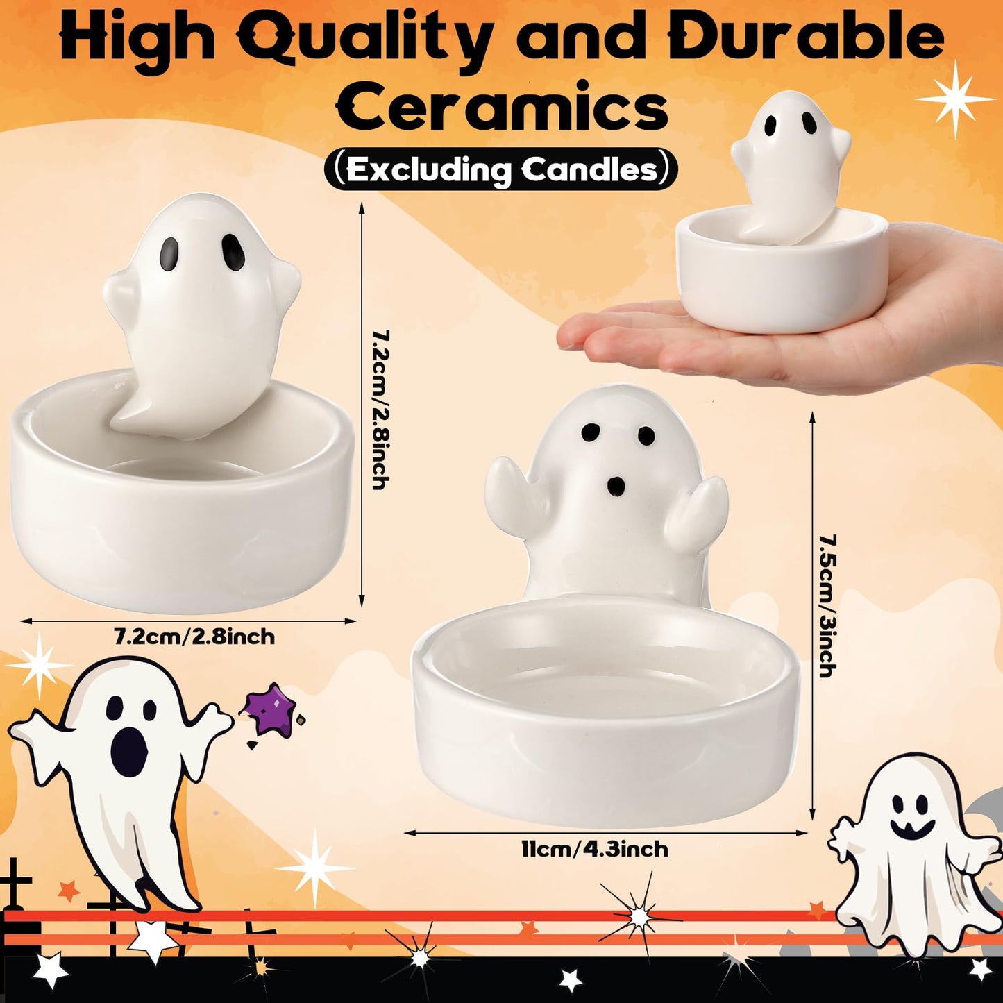 Teenyyou 2 Pack Halloween Ghost Candle Holder Cute Ceramic Ghost Tea Light Candle Holders Halloween Party Decor Favor, Home Table Centerpiece Small Holders for Tea Light
