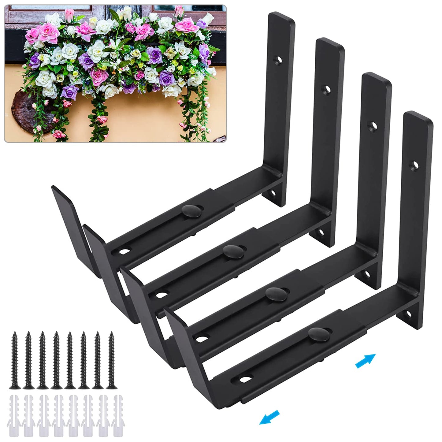 Verypejan Flower Window Box Bracket Adjustable Planter Box Bracket 4 Pack,Heavy Duty Wall Mount Flower Box Holder for Planter Box Depth (Front to Back) 6 to 12 Inches, Black