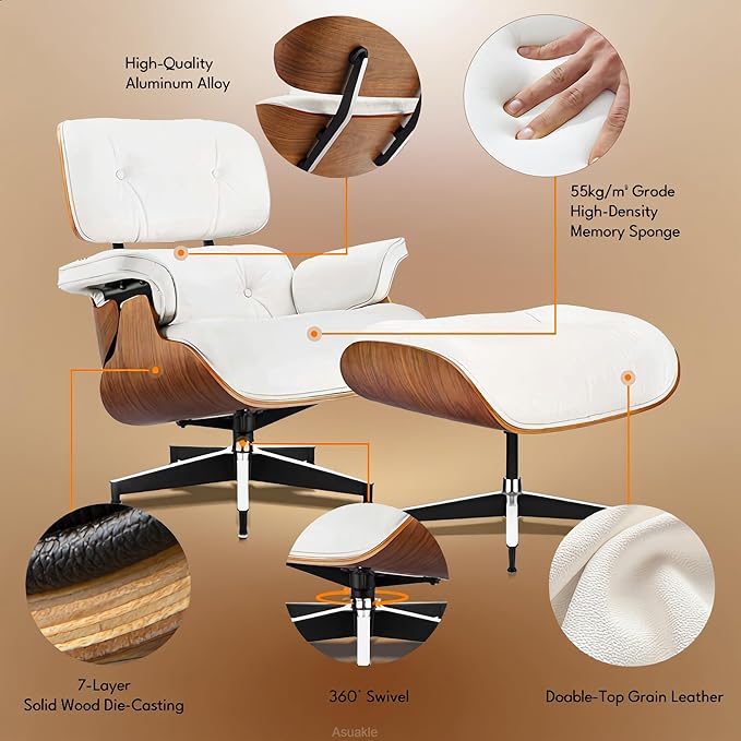 Top Grain Leather, Mid Century Chaise Lounge Chair and Ottoman, Modern Chair