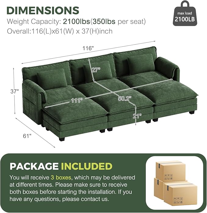 ELUCHANG 116" Luxury Modular Sectional Sofa, Comfy Deep Seat Cloud Couch