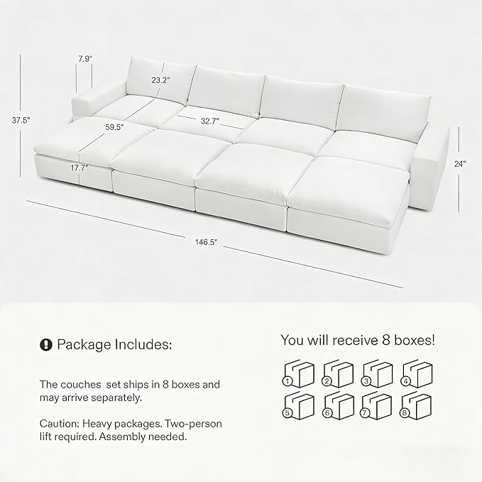 Cloud Couch Sectional 146.5'' Oversized Modular Deep Seat Sofa Bed Comfy White
