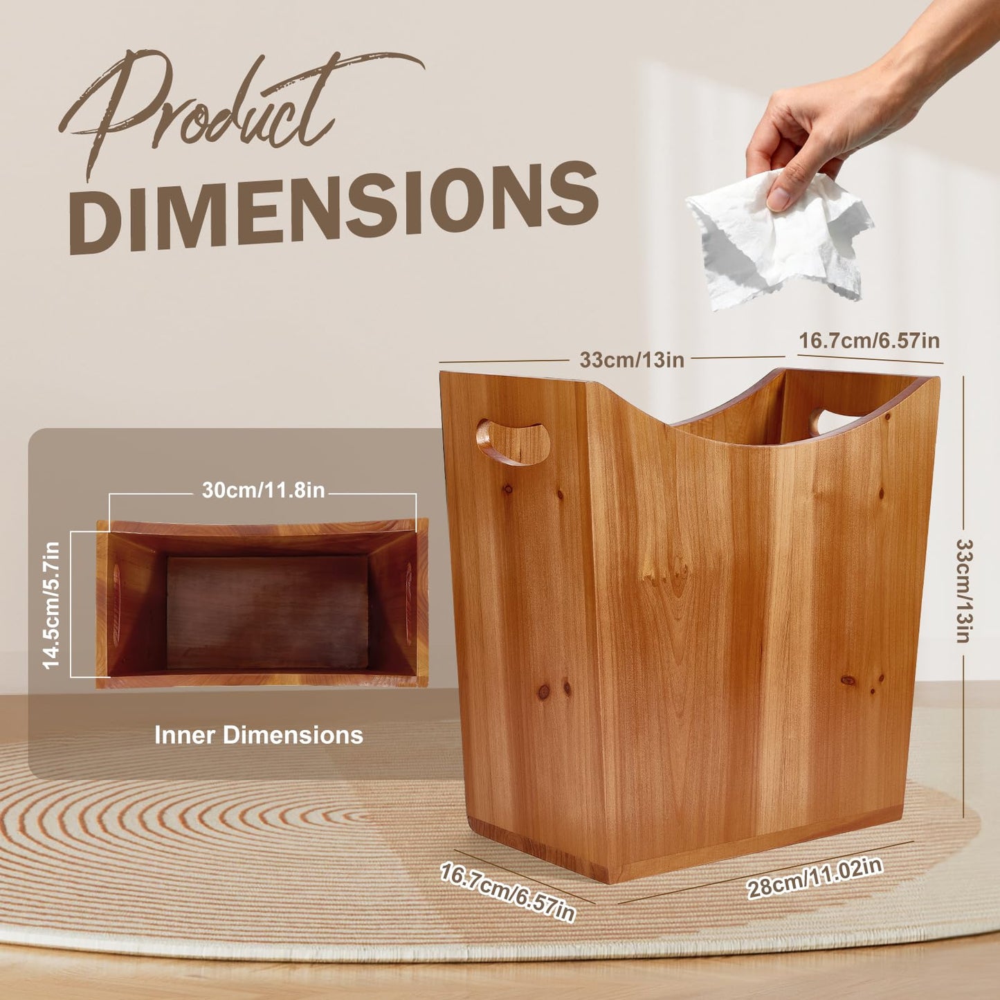 Tenavo 3 Gallons Wooden Bin Wastebasket, Small Trash Can, Decorative Bathroom Trash Can, Waste Basket for Bedroom, Office Garbage Can, Wood Bathroom Accessories