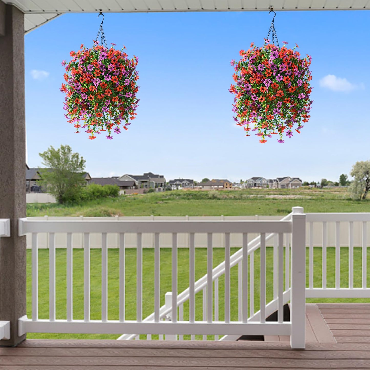 INQCMY Artificial Faux Hanging Flowers Plants Basket for Outdoor Outside Spring Decoration,UV Resistant Fake Silk Daisy in Planter Resistant Look Real for Home Porch Balcony Patio Yard Decor