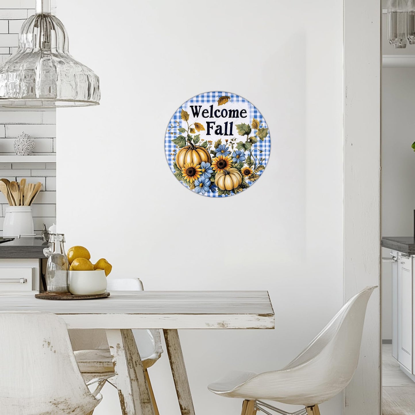 KIYOYO Retro Round Metal Tin Sign Blue Welcome Fall Pumpkins Sign Craft Supplies Pumpkin Wreath Supplies Wreath Center Home Decoration Art Poster 12x12 Inch