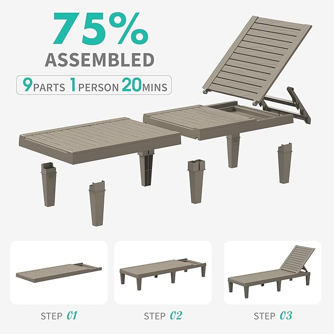 Outdoor Lounge Chair Set of 6, 5-Positions Adjustable Patio Chaise Lounges