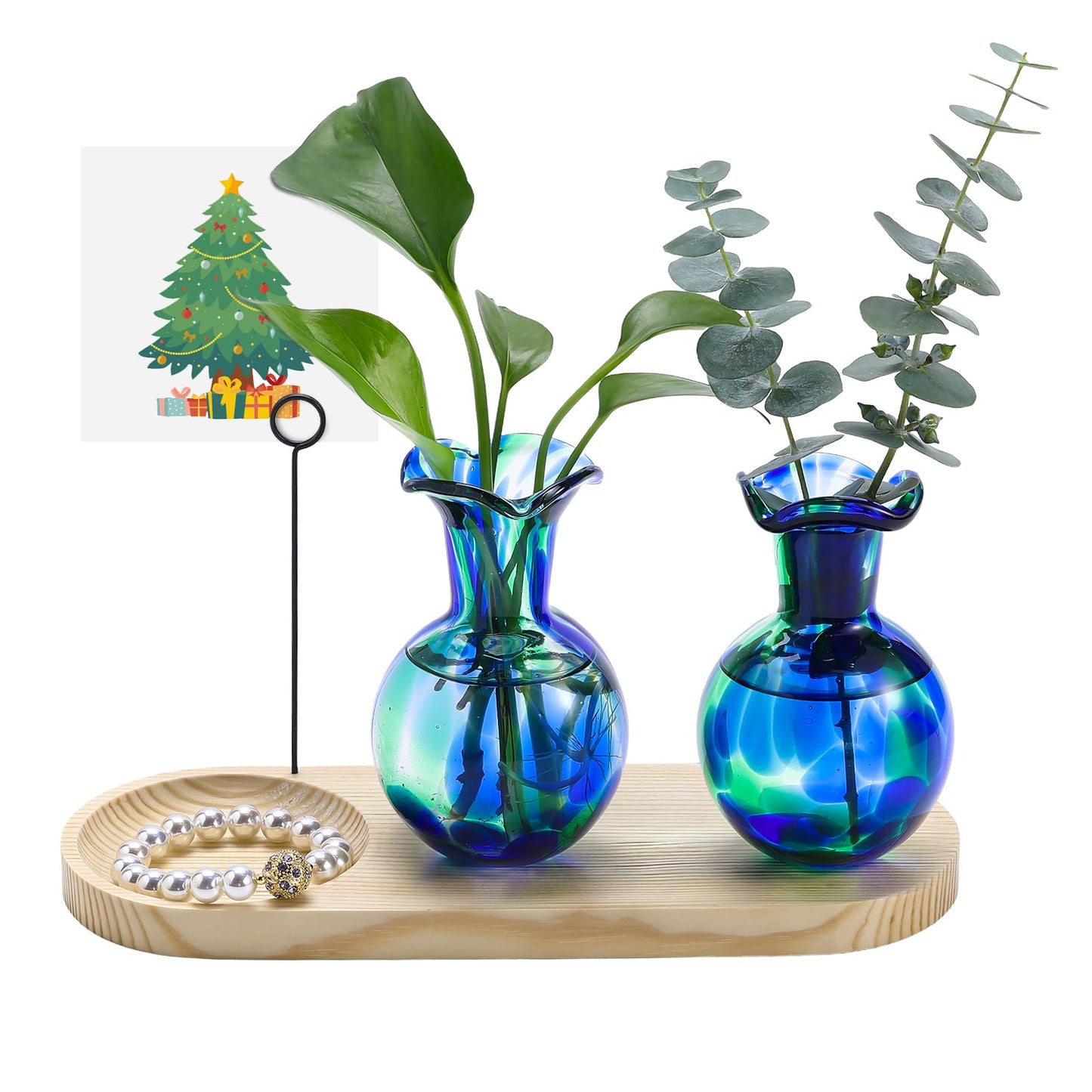 Pozfun Hand Blown Glass Plant Propagation Stations Plant Terrarium Wooden Stand for Hydroponic Plants Combine Jewelry Tray and Photo Holder Office Home Garden Decor - 2 Bulb Glass Vases