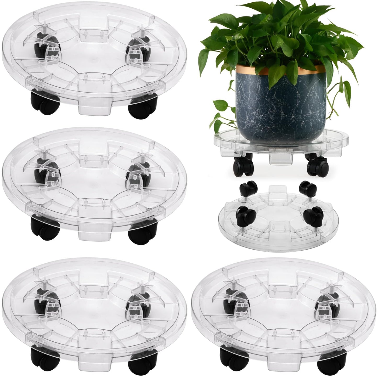 KvyusFlourish 4 Packs 13 Inches Large Clear Plant Caddy Plant Saucers on Wheels Rolling Plant Stands Heavy-duty Plant Dolly Plastic Planter Roller Base Pot Movers Outdoor Plant Tray Coaster