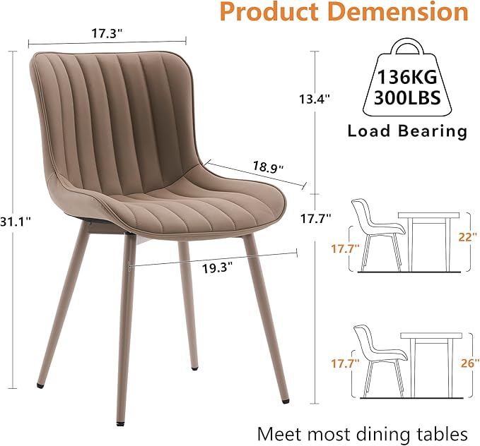 YOUNUOKE Mid-Century Modern Dining Chairs Set of 2, Khaki PU Leather
