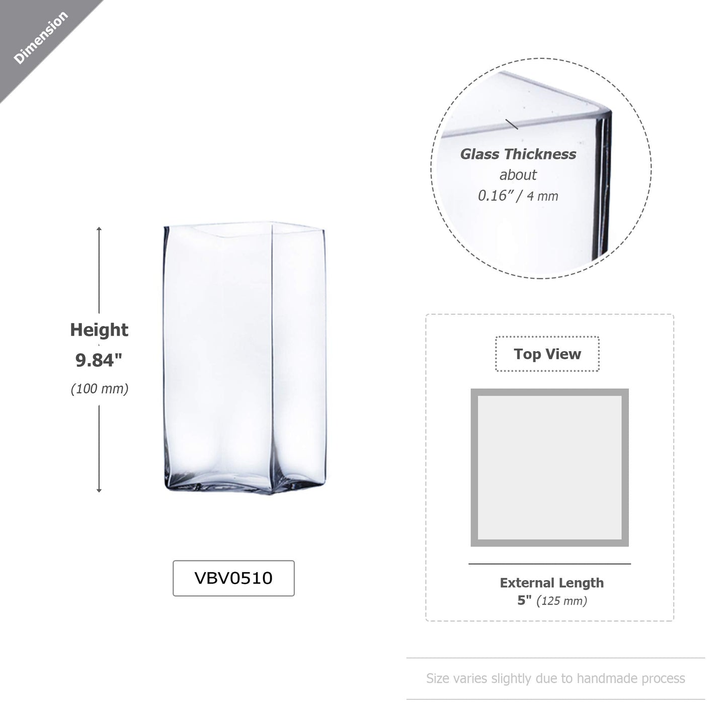 WGV Tall Square Vase Glass Block, Length 5", Height 10", Clear Large Floral Plant Container, Fish Tank, Planter Terrarium for Wedding Party Event, Home Office Decor, 1 Piece