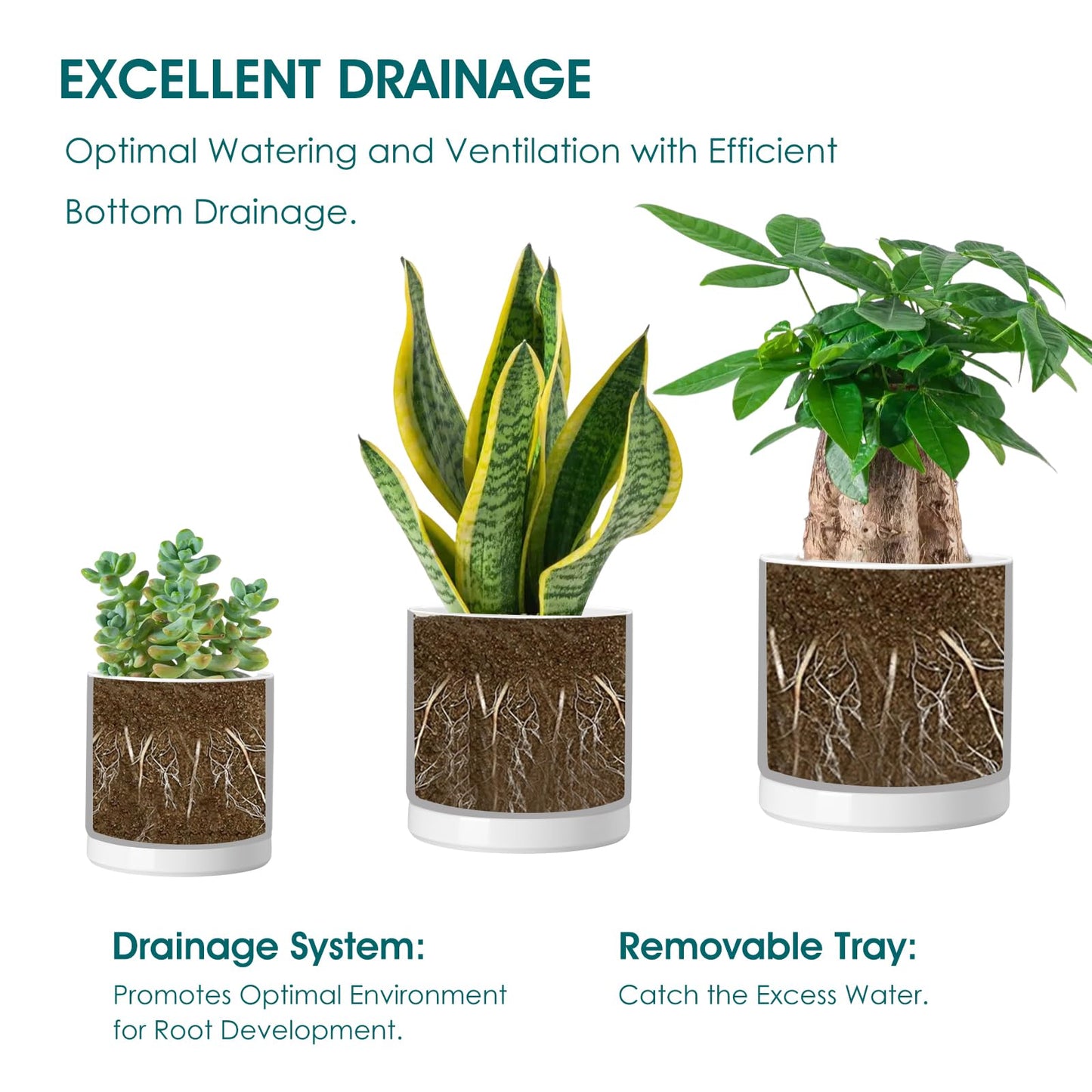 vancasso Ceramic Plant Pots, 3 Piece Planters for Indoor Plants, 4.25+5.25+6.25 Inch Flower Pots with Drainage, Plant Pots Indoor for Succulent, Pothos, Snake Plant and Money Tree, Etc (White)