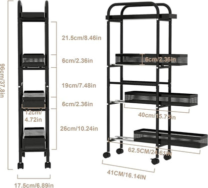 UMDONX Slim Storage Cart 4 Tier with Pull Out Basket Bathroom Organizer Rolling cart, Rolling Utility Cart Slide Out Organizer for Kitchen, Bathroom, Laundry Black