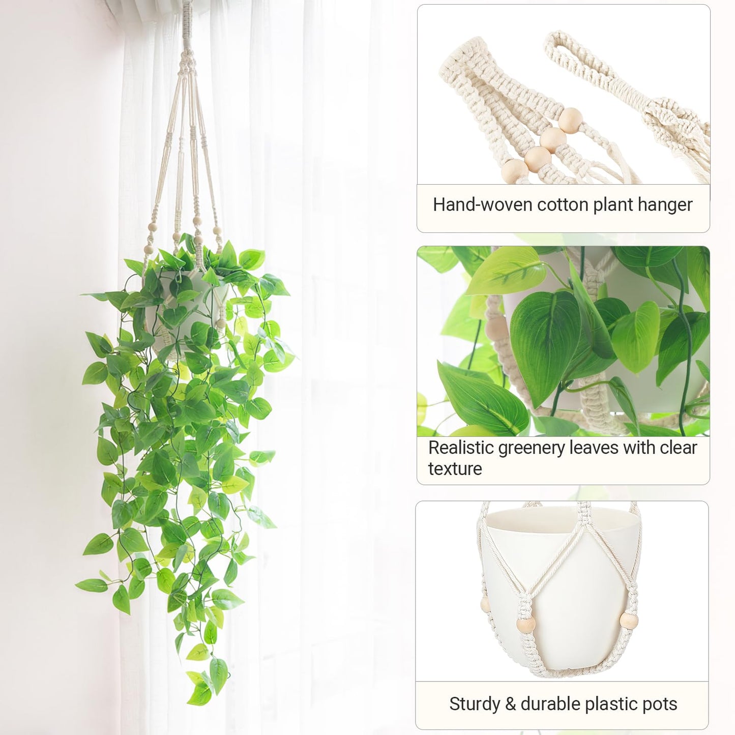 Mkono 2 Packs Fake Hanging Plant with Lights, Artificial Plants for Home Decor Indoor Macrame Plant Hanger with Fake Vines Greenery for Bedroom Bathroom Kitchen Office Decor