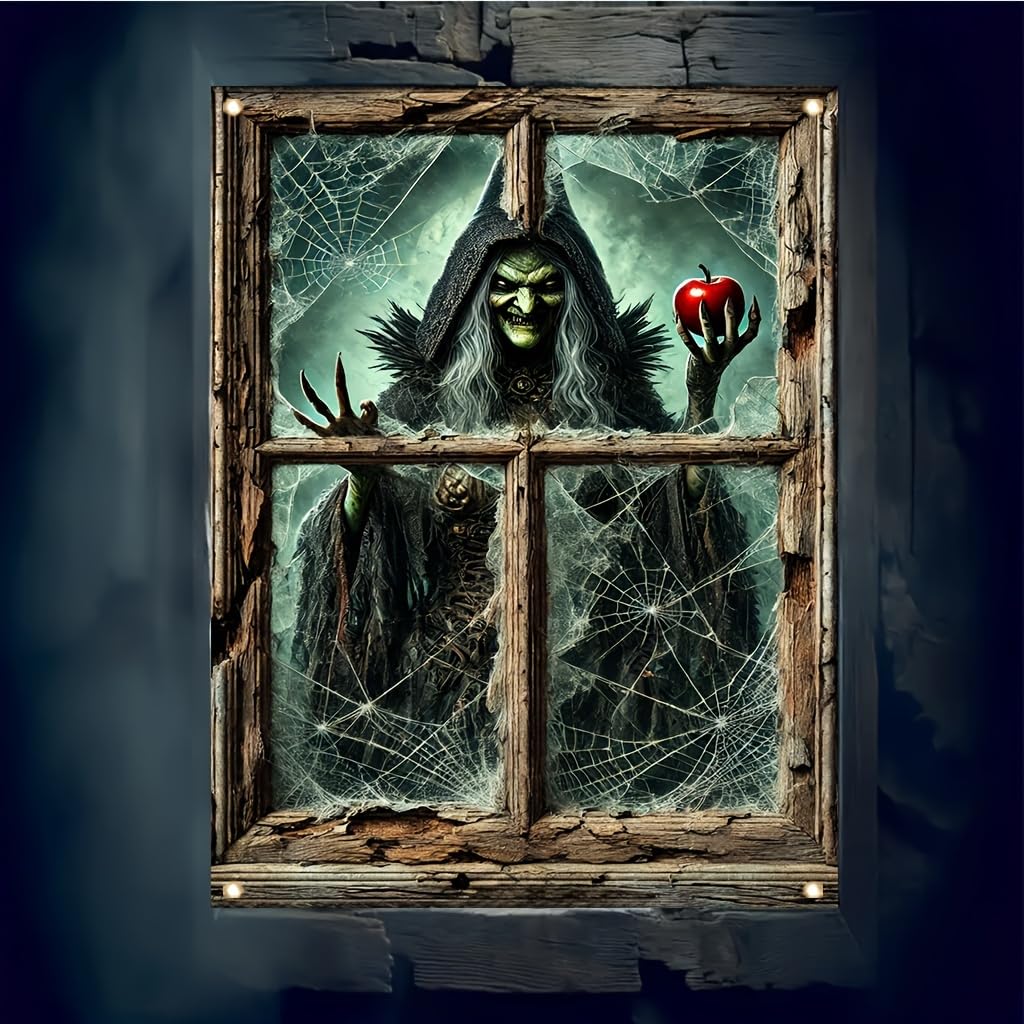 Tomhong Halloween Window Cover 31x47 Inch Witch Holding Apple Cobweb Horror WindowBanner Holiday Decoration Haunted House Indoor Outdoor Spooky Wall Decor
