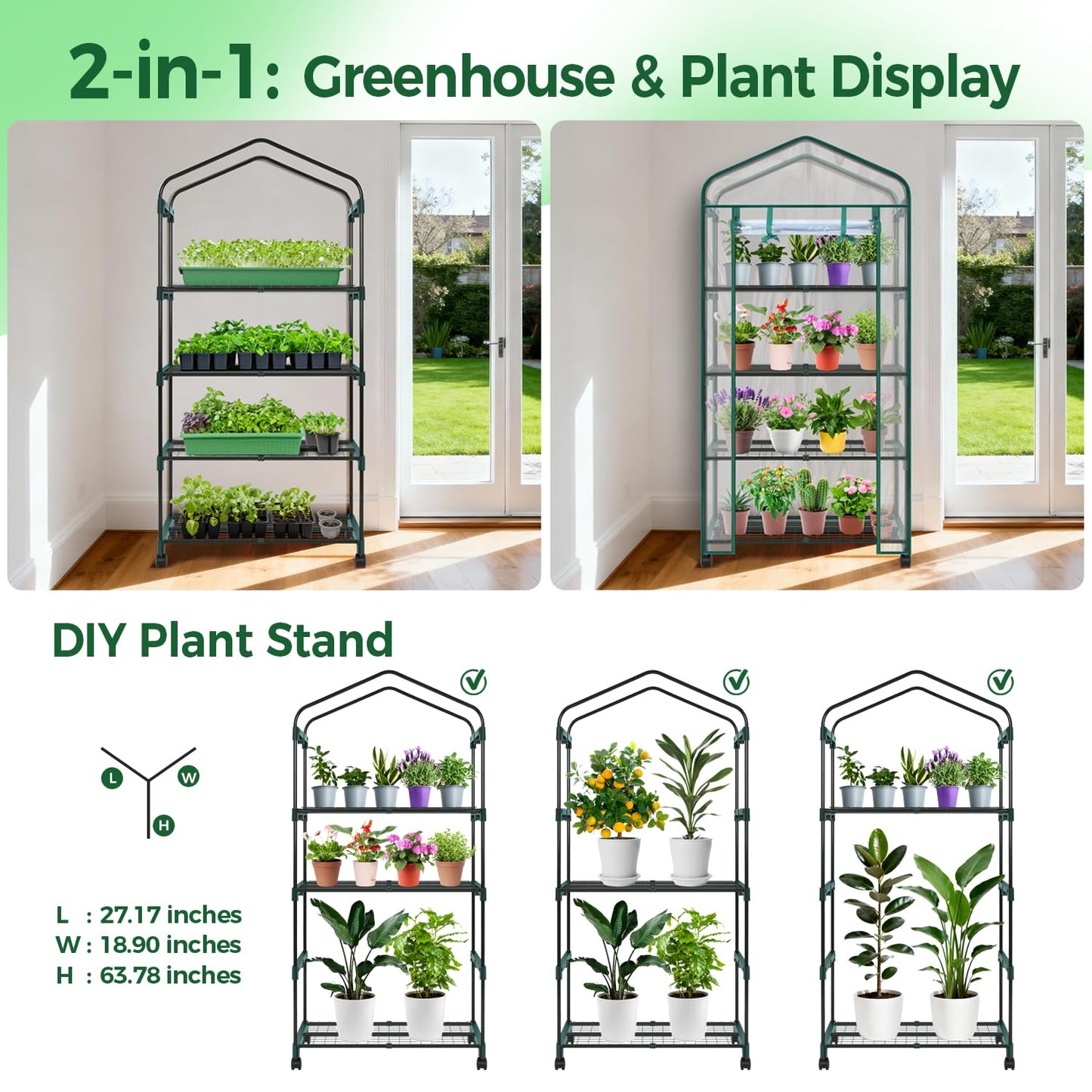Ohuhu Mini Greenhouse for Indoor Outdoor with Wheel, Small Plastic Plant Green House 4-Tier Rack Stand Portable Greenhouses with Durable PVC Cover for Seedling