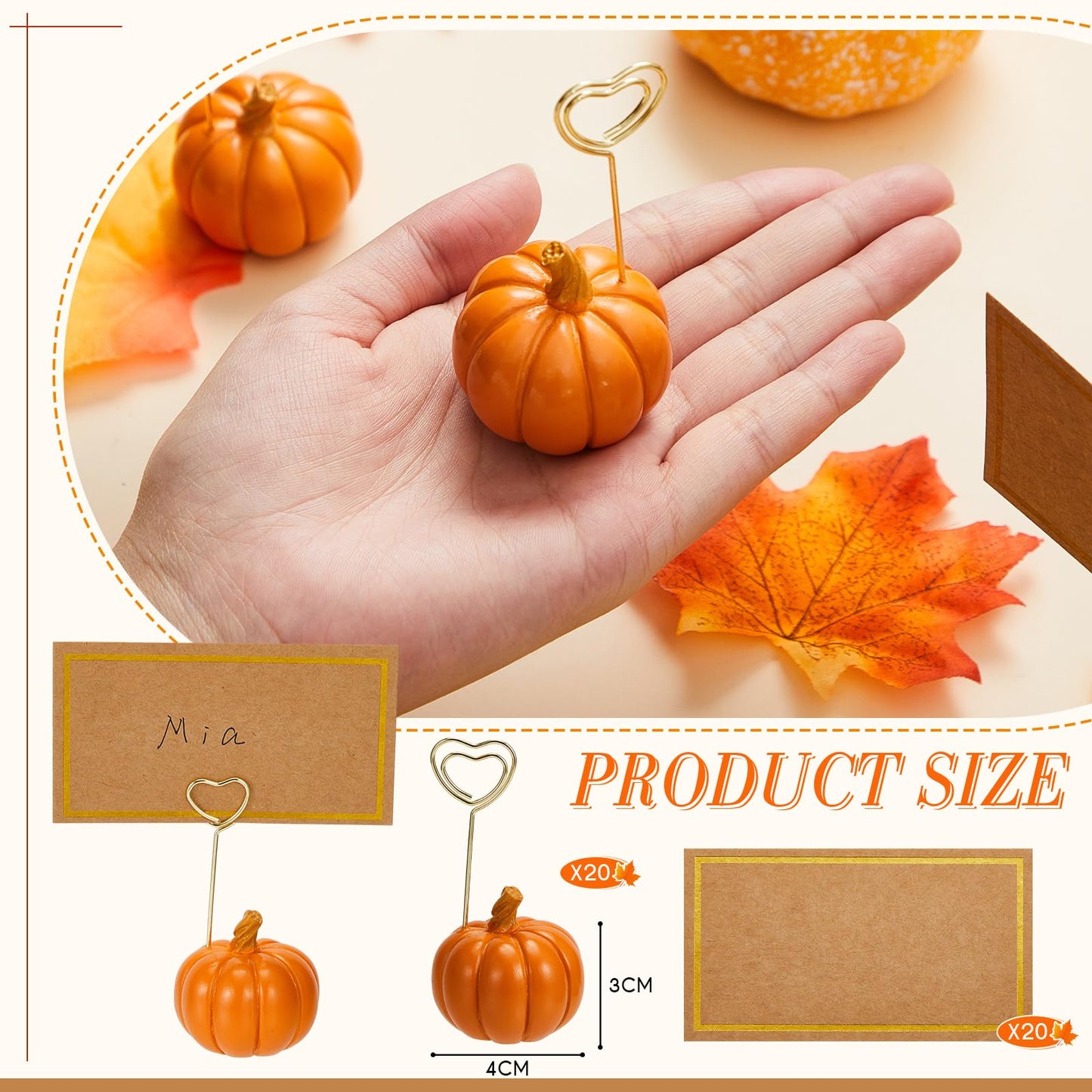 Qeeenar 40 Pcs Thanksgiving Pumpkin Decorations Pumpkin Place Card Holders with Fall Cards for Table Setting Wedding Table Decor Mini Pumpkins Tables Number Holder (Orange)