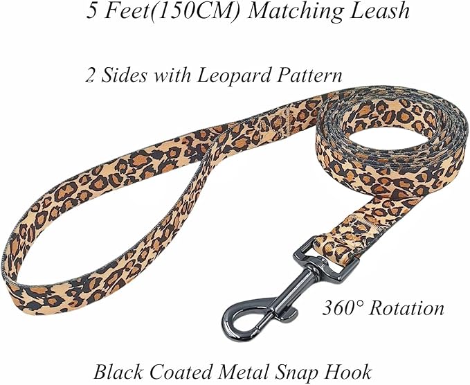 Dog Collar Leash Set, Leopard Pattern, Polyester Material, Adjustable Collar and 5ft Matching Leash, for Puppy Dogs.(XS, Brown Leopard)