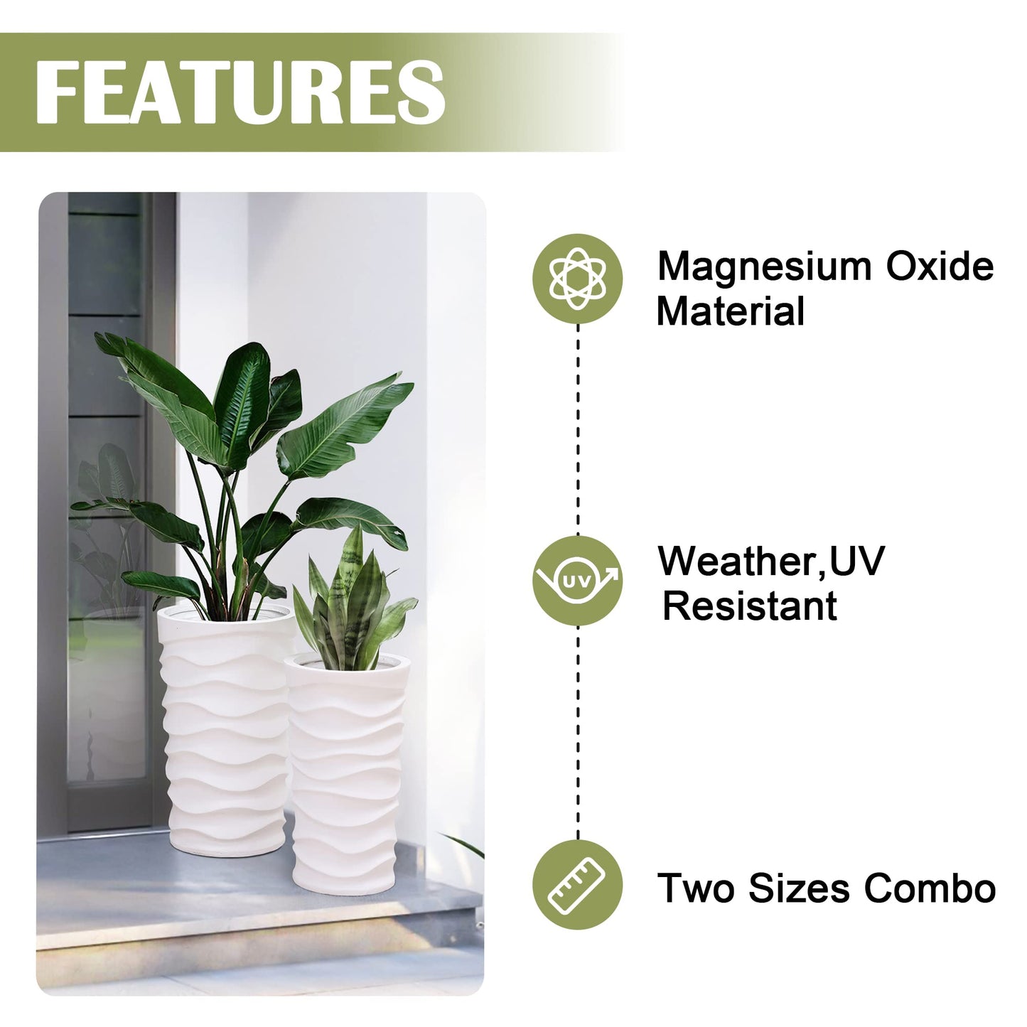 LuxenHome Tall Planters for Outdoor Plants, Set of 2 Indoor Outdoor Garden Plant Pots with Drainage Hole and Rubber Plug, Modern White Waves Flower Pot Concrete Planters for Home Garden Patio Porch