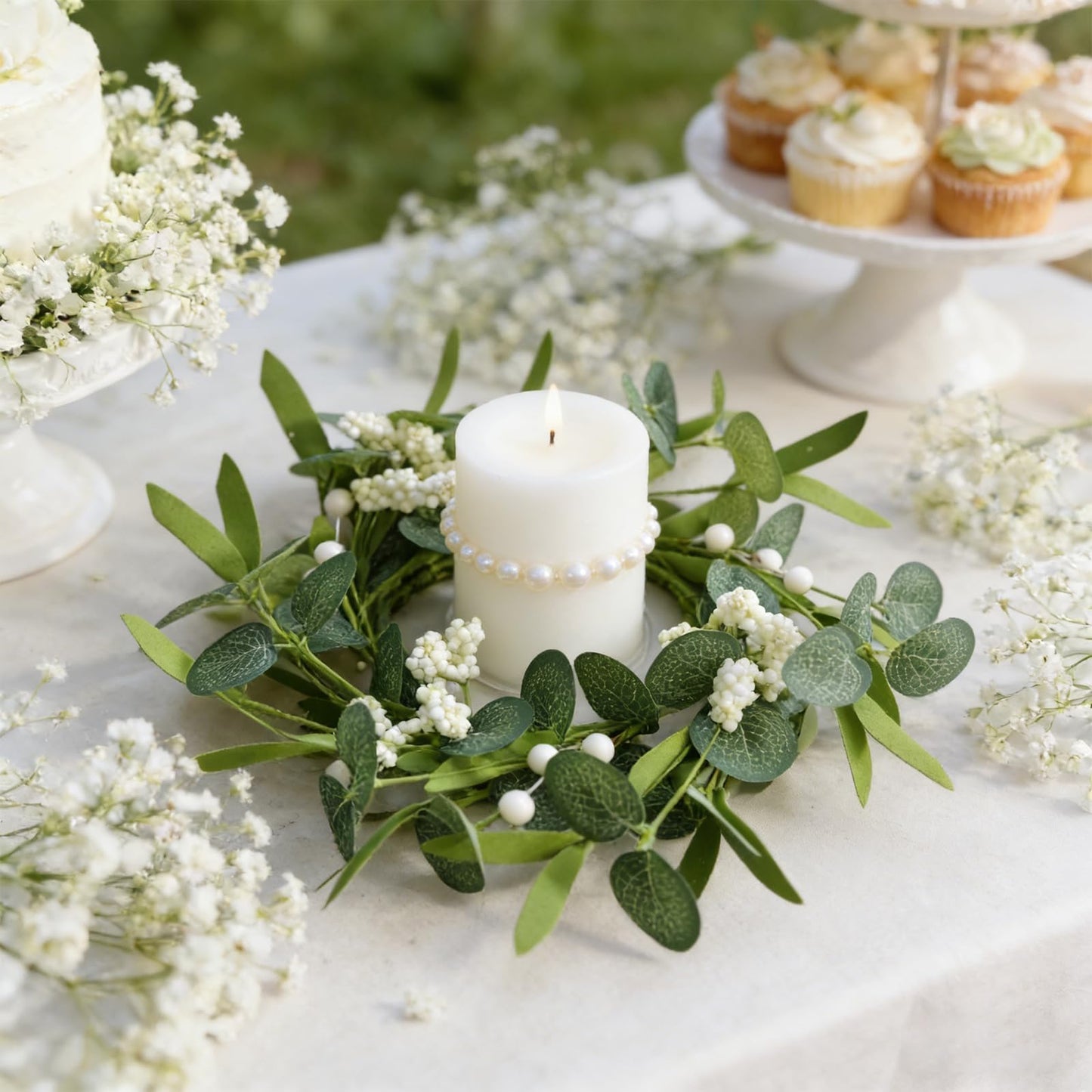 6 Pcs Green Artificial Eucalyptus Candle Rings Wreaths Mini Green Summer Kitchen Cabinet Wreath Table Centerpieces with White Berry for Pillars Farmhouse Porch Front Door Wedding Decor