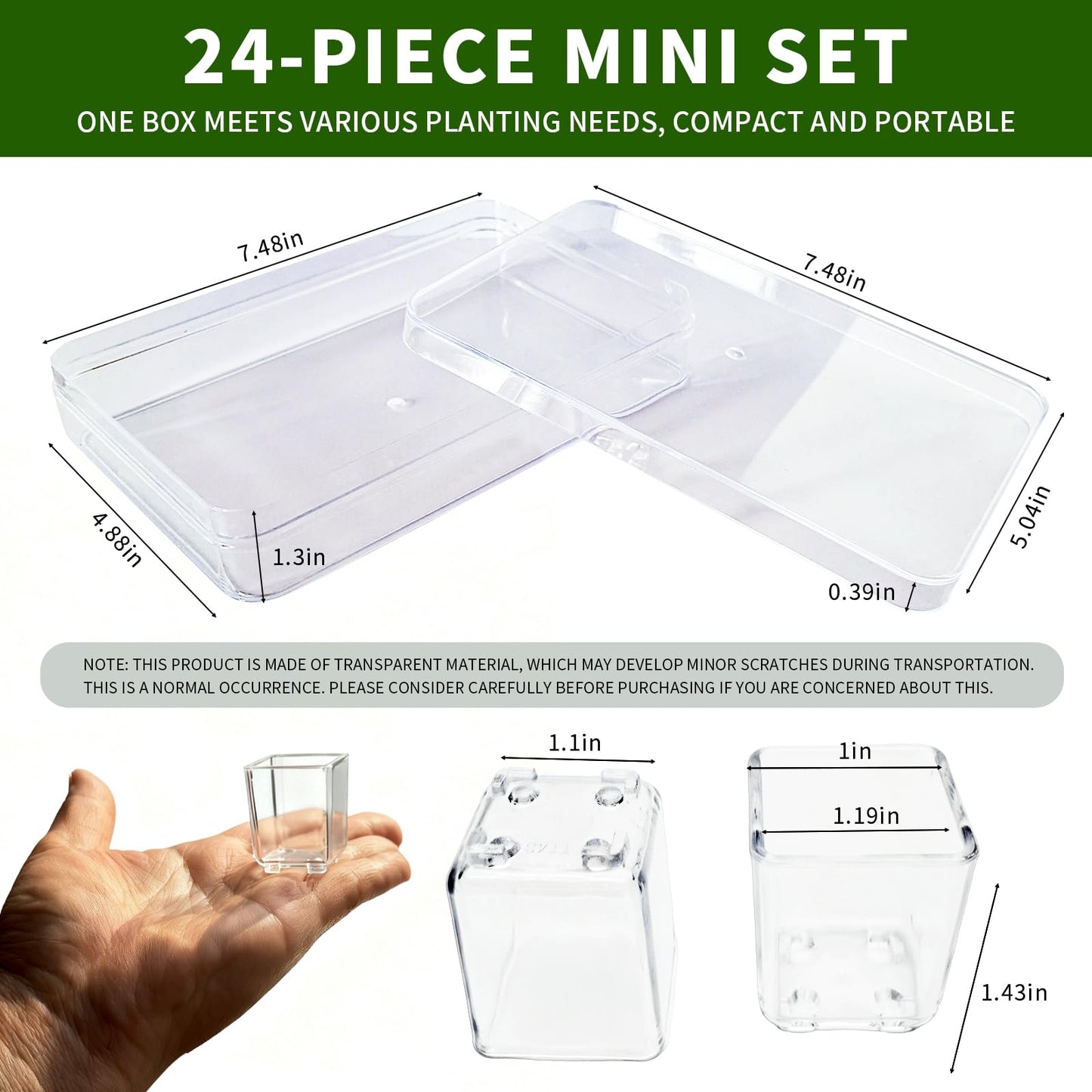 QCSMBFL 24pcs Super Tiny Mini Clear Plastic Planter, 1.1" Small Succulent Nursery Pots with Drainage Hole & Storage Box with Lid (Lid for Storage Only)，Micro Plants Pots for Root Viewing, Home Decor