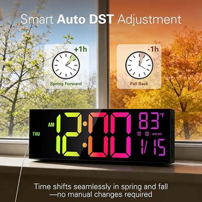 JALL 16" Large Digital Wall Mount Clock, Count Down Timer, Alarm, Big LED, RGB Color, DST, Temperature for Living Room Classroom Desk, Xmas, Birthday Gift for Senior Mom Dad (Black, 16 inches)