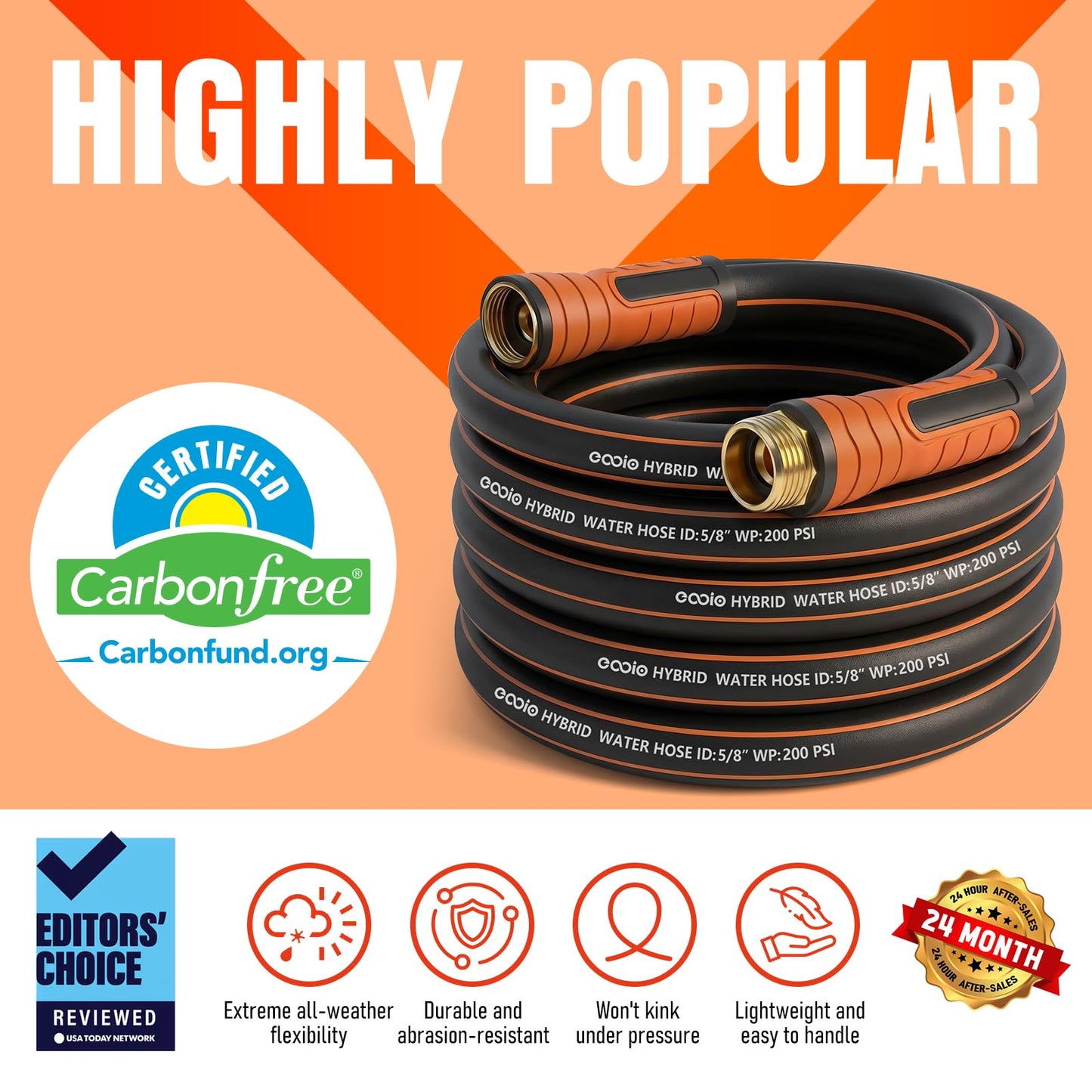 Garden Hose 50 ft x 5/8", Heavy Duty Water Hose, Flexible and Durable, Kink Resistant Lightweight Hybrid Hose, Leakproof Yard Hose with Male to Female Fittings