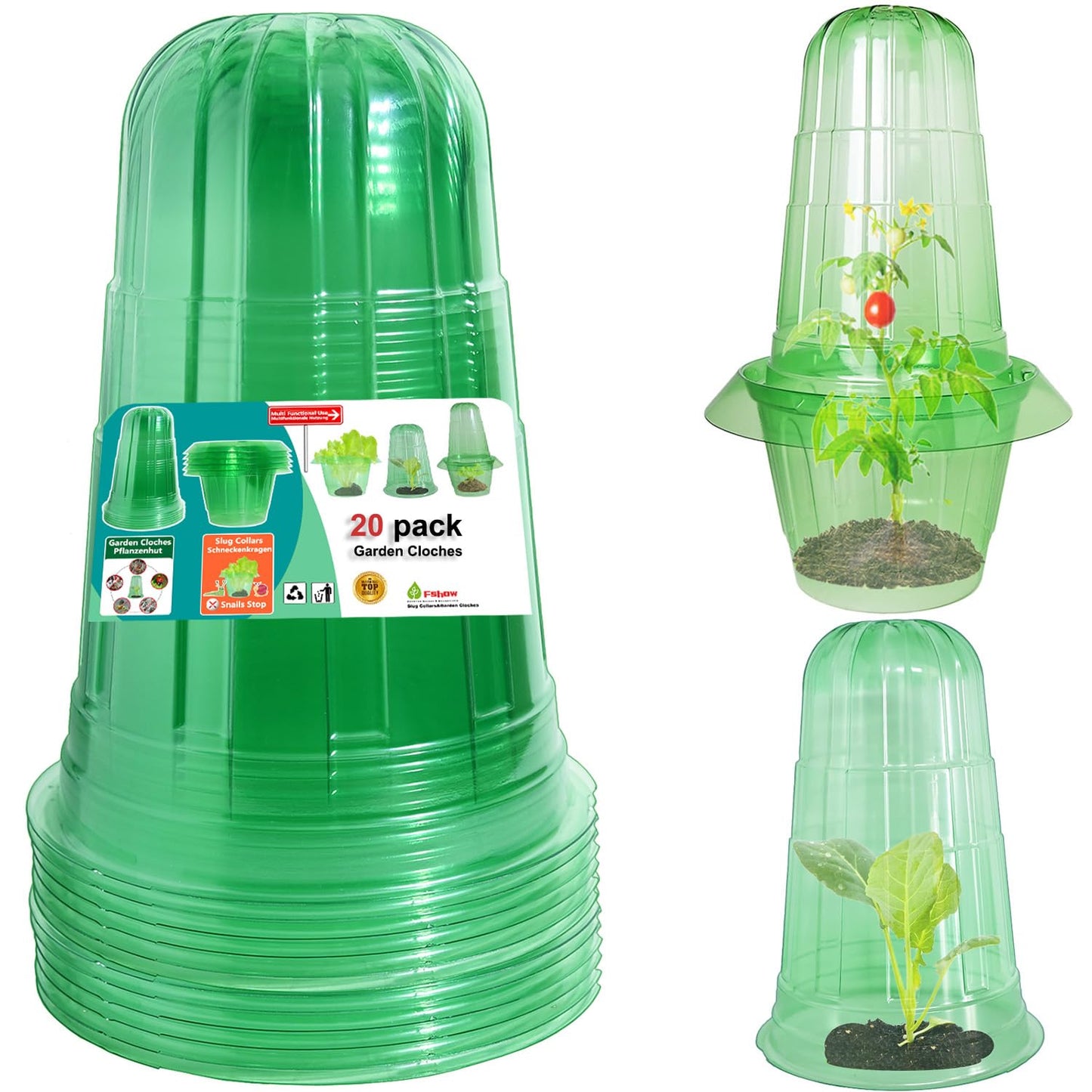 Fshow Upgraded Garden Cloches for Plants, Reusable Bell Plant Protector, Garden Protection from Animals Snails Birds Chickens Insect， Compatible with Slug Collar(Green 20 Pack)