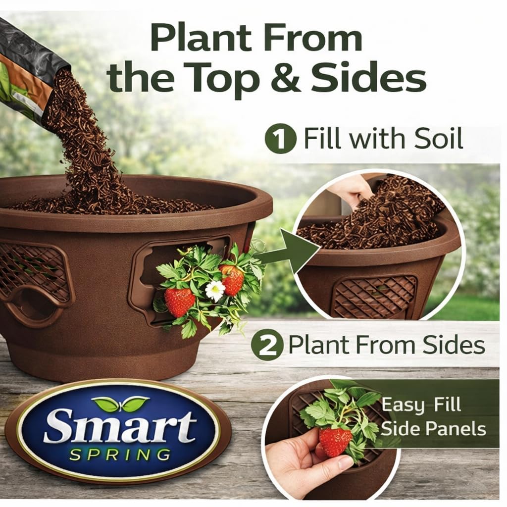 smart spring Ultimate Hanging Baskets - Strawberry, Tomato, Flower, and Herb Outdoor Planters - Use Garden Pots for Growing Plants Outside On A Deck, Fence, or Balcony (Mocha 2pk)