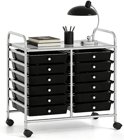 COSTWAY 12-Drawer Rolling Storage Cart, Utility Storage Organizer Cart for Tools, Scrapbook, Paper, Craft, Multipurpose Art Supply Organizer on Wheels for Home Office School, Teacher, Black