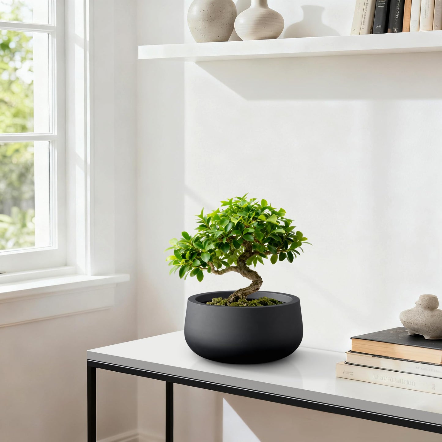 Kante 15.7" Dia Round Concrete Planter, Outdoor Indoor Garden Plant Pots with Drainage Hole and Rubber Plug, Modern Curvaceous Design, Black