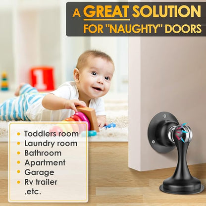Door Stoppers Magnetic Door Catch - Stainless Steel Heavy Duty Door Holder Stops for Bottom Top of Door - Wall Floor Mounting No Drill 3M Adhesive & Screws Strong Magnet Keep Door Open 1 Pack