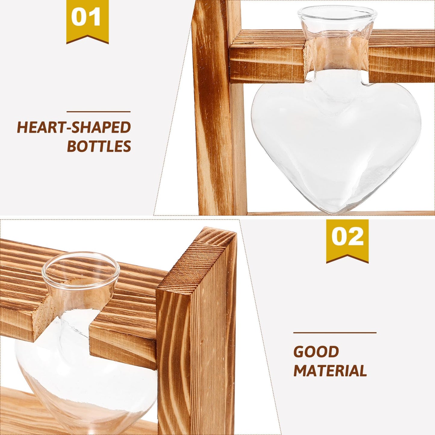 Unomor Wooden Stand Glass Terrarium Plant Holder Heart Shaped Vase Hydroponic Indoor Garden Decor with 2 Glass Containers for Home Office