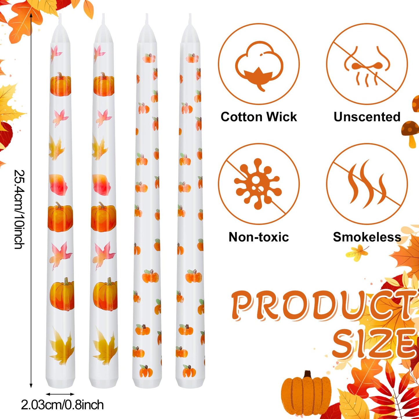 8 Pcs Fall Taper Candles 10'' Hand Painted Pumpkin Thanksgiving Taper Candles Autumn Maple Leaves Fall Halloween Decor Harvest Thanksgiving Decorations