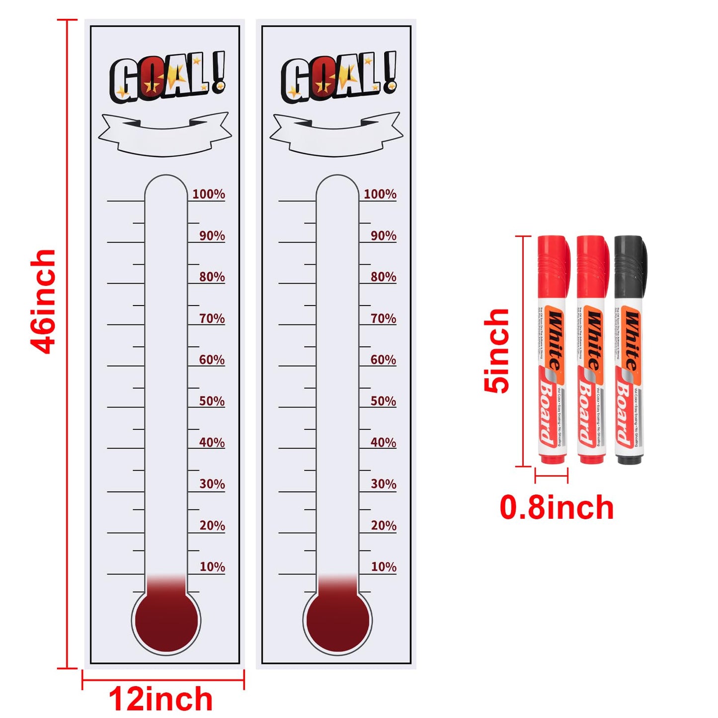 Fundraiser Thermometer Tracker, 46"x12" Self-Adhesive with Dry Erase Markers, Goal Thermometer Chart Tracker, Fundraising Chart Goal Tracker, Set of 3