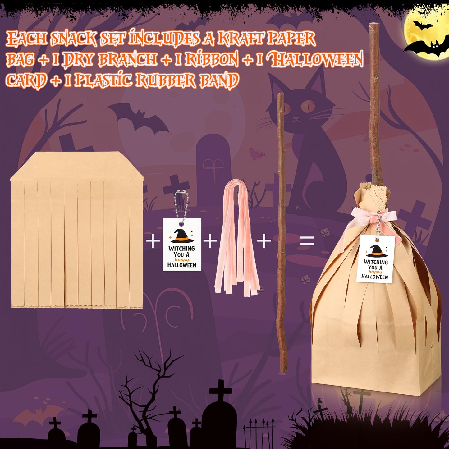 Geyoga 96 Pcs 25" Halloween Treat Bags Large Witch Broom Candy Kraft Paper Bag Set (No Need to Crop) with Pink Cable Tie, Gift Card and Real Dry Branches for Halloween Trick or Treat Party Supplies