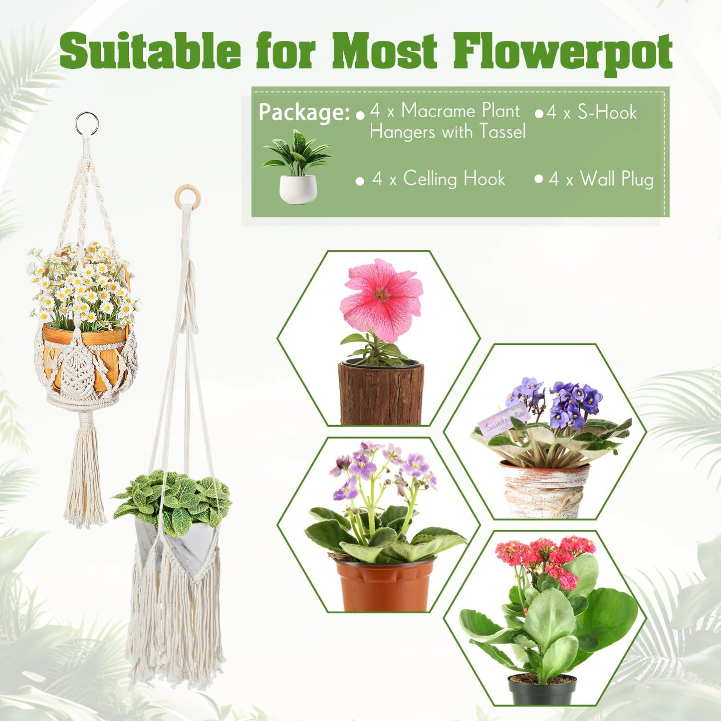 Wovnet 4 Packs Macrame Plant Hangers Indoor Crochet Hanging Plant Holder with Tassels Hanging Planters for Indoor Boho Hanger with 4 S Shaped Hooks for Home Decor Window Flower Pot (White)
