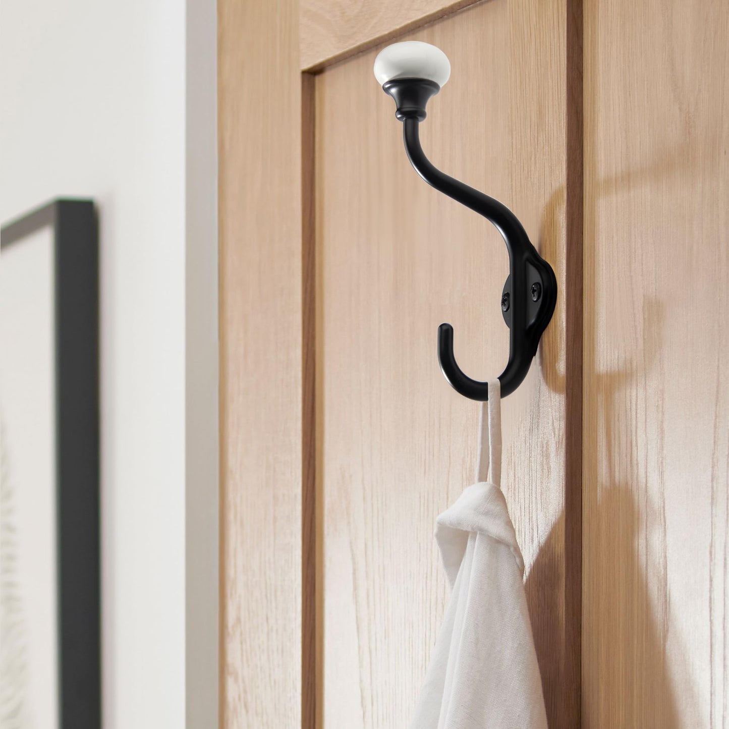 CHIVS Coat Hooks- 5 Pack Matte Black Wall Hooks, Ceramic Coat Hooks, Decorative Wall Mounted Towel Hanger, zinc Double Prong Hook for Hanging Clothes, Keys, Hats, Backpacks
