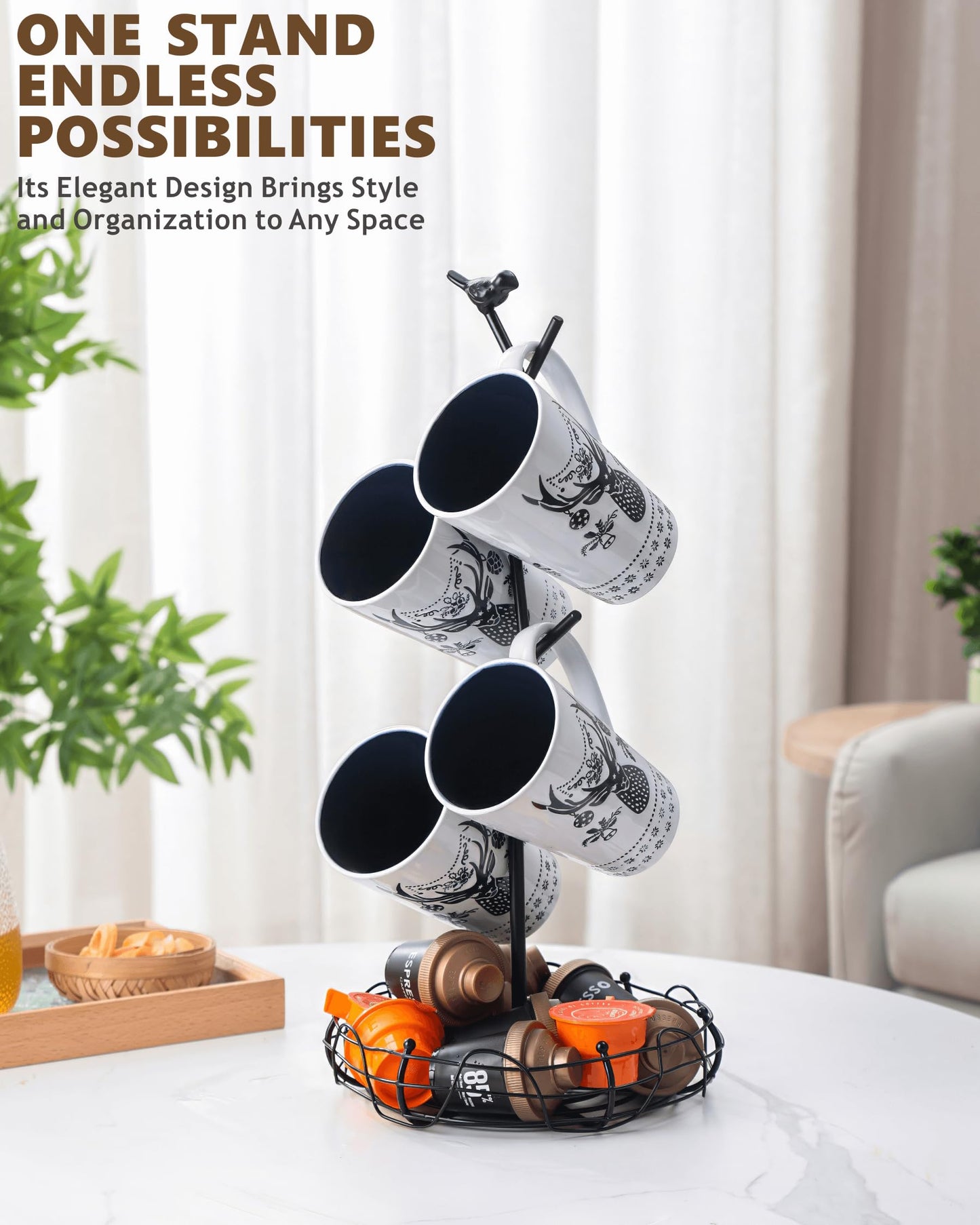 Ouseen Coffee Mug Holder for Countertop, Mug Tree with Bird's Nest Storage Basket, Holds 4 Large Mugs (20oz Compatible), Whimsical Kitchen Decor, Coffee Bar Accessories (Black)